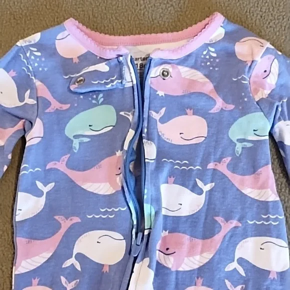 Carter's Footie Pajamas Happy Whales Purple Pink Green White Size 18 Months - Picture 4 of 7